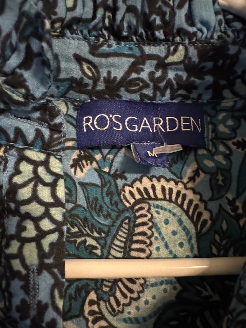 Ro’s Garden 100% Cotton Blue Block Print Short Sleeve Flutter Dress Medium - Picture 4 of 8